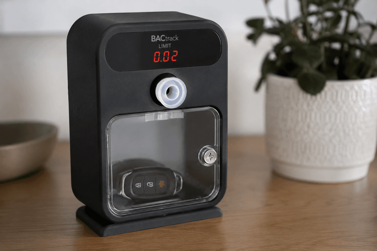 BacTrack breathalyzer key vault — front view showing BAC display and locked key compartment
